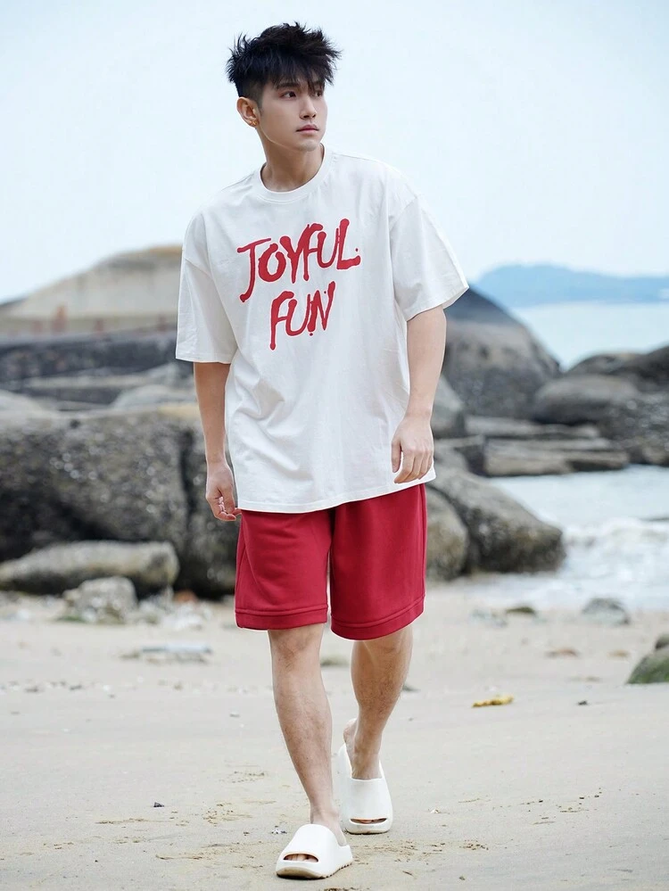 2pcs/Set Men's Beach Vacation Letter Print T-Shirt & Bright Color Shorts Holiday Outfit, Summer