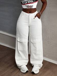 SHEIN Slayr 女士纯色纽扣前口袋简约休闲直筒工装裤 - 白色 - 查看 6