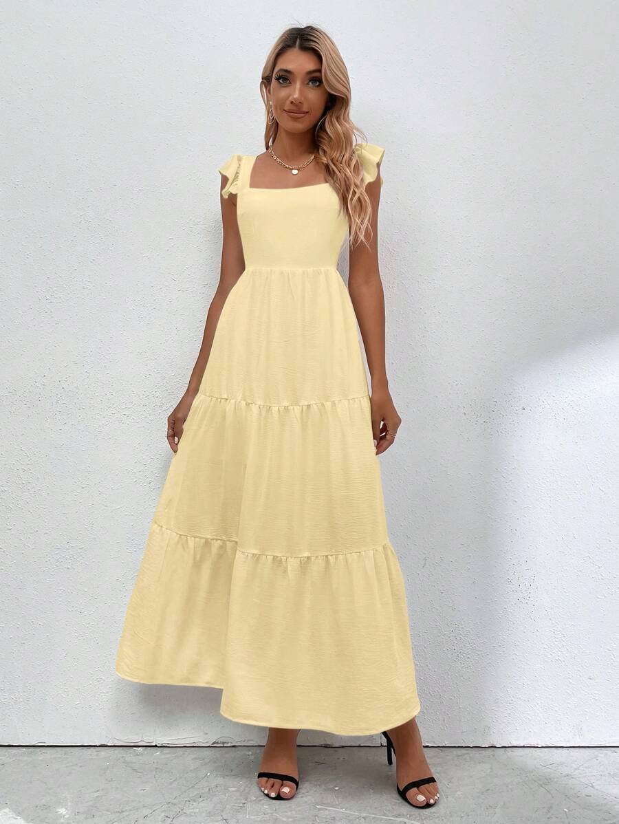 Breezaya Women's Solid Color Square Neck Pleated Simple Casual Long Dress - Mustard Yellow - View 1