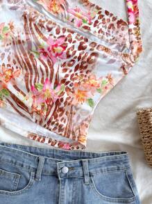 Soleia Top de punto estampado con flores tropicales y estampado de leopardo, de colores alegres, para vestir de vacaciones en primavera/verano, para mujer - Multicolor - Ver 7