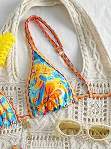 Swim Mod 2pcs Floral Print Cami Triangle Tie Bikini Sets, Beach Resort Holiday Vacation Outfit For Women For Summer Beach Vacation