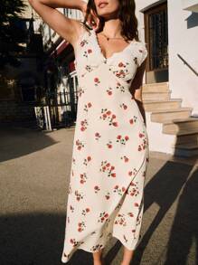 SHEIN Frenchy 女士花卉印花蕾丝拼接 V 领优雅中长连衣裙 - 白色 - 查看 7