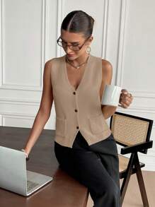 SHEIN Frenchy Women's Solid Color Single-Breasted Casual Sweater Vest, Autumn/Winter Brown - Khaki - View 4