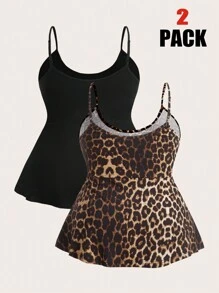 SHEIN EZwear Conjunto de 2 piezas con top camiseta y estampado de leopardo en negro y blanco, para mujer de talla grande, para primavera/verano