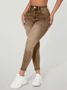 SHEIN PETITE Pantalones vaqueros casuales ajustados con bolsillo delantero y abotonados para mujer