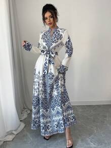 Elenzga Long Sleeve Fitted Waist Long Dress For Women