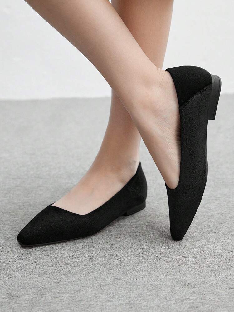 CUCCOO BIZCHIC Women Square Toe Comfortable Suede Flats, Elegant Classic Black Slip-On Loafers For Commuting, Spring Outfit