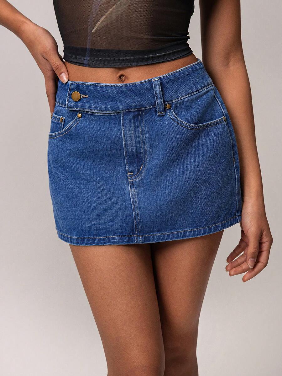 Forever 21 Y2K Style Spring/Summer Casual Simple Commuting Versatile Women Denim A-Line Mini Skirt - Dark Wash - View 1