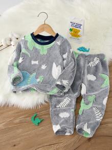 SHEIN 2pcs/Set Boys Cartoon Dinosaur Skeleton Pattern Ribbed Crew Neck Long Sleeve Pajama Top & Pants, Soft Fleece Loungewear Sleepwear Set, Autumn/Winter - Blue and White - View 1
