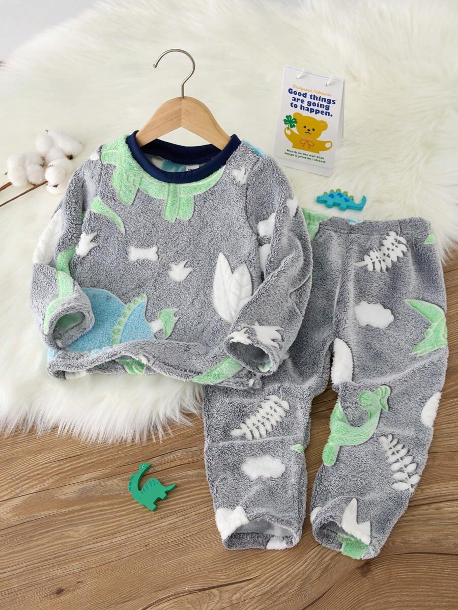 SHEIN 2pcs/Set Boys Cartoon Dinosaur Skeleton Pattern Ribbed Crew Neck Long Sleeve Pajama Top & Pants, Soft Fleece Loungewear Sleepwear Set, Autumn/Winter - Blue and White - View 1