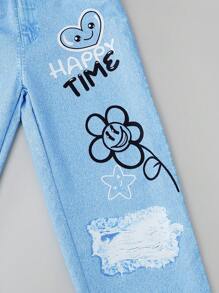 3-Piece Set: Tween Girls' Blue Striped Shirt, White Tank Top, And Loose Fit Denim Effect Print Pants Spring Summer Outfit Clothes,Holiday,Summer,Travel - Multicolor - View 3