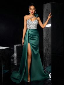 Glamrae 优雅深绿色搭配银色奢华亮片点缀不对称花卉装饰侧高开叉垂坠美人鱼尾正式晚礼服、婚礼宾客礼服、派对礼服 - 墨綠色 - 查看 4