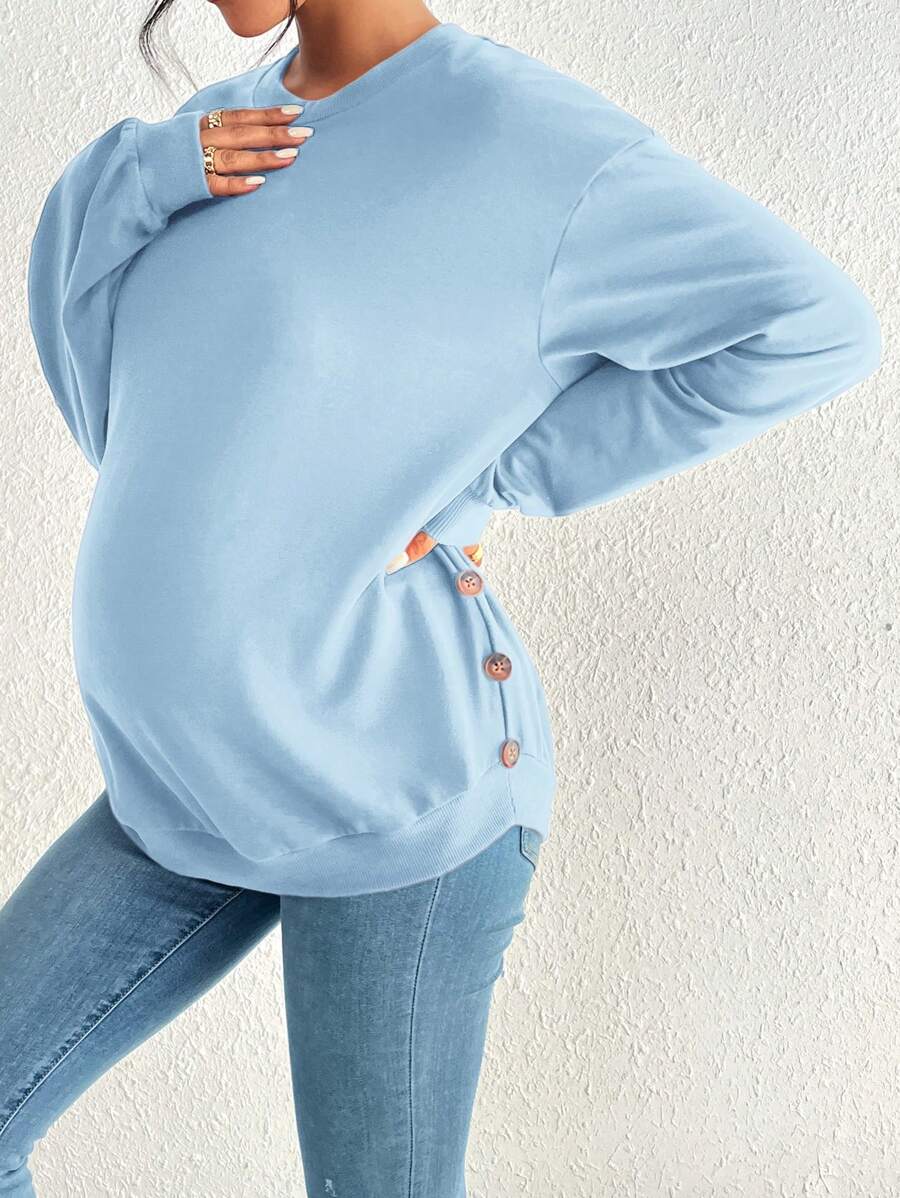 SHEIN Maternity Solid Round Neck Long Sleeve Button Up Casual Sweatshirt - Baby Blue - View 1