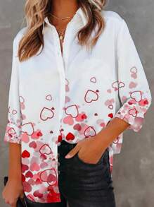 SHEIN LUNE Women Simple Heart Print Front Buttoned Casual Blouse, Daily Wear Fall Cloth For Women - Multicolor - View 2