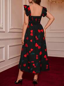 SHEIN VCAY Plus Size Vacation Printed Front Split Lapel Ruffled Long Dress.Valentine,Casual Picnic Party.Heart - Black - View 2
