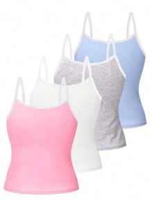 4 Pieces/Set Girls Lace Camisole, Soft Cotton, Versatile Color Match Fashion Student Sports Undershirt Tops, Simple Design, Spring,Summer Travel - Multicolor - View 2
