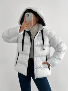 RueChic Veste d'hiver à capuche décontractée pour femmes avec fermeture éclair frontale et couleur unie - Blanc - Voir 4