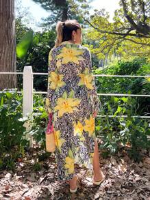 SHEIN SXY Front Lace-Up Long Sleeve Casual Sexy Animal Print Ruffle Trim Blouse - Multicolor - View 2