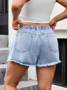 SHEIN EZwear Plus Size Women Asymmetrical Fringed Waist Denim Shorts - Light Wash - View 2