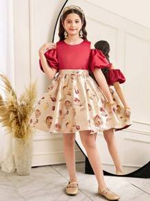 SHEIN Tween Girls' Elegant Glamorous Hollow Out Color Block Round Neck Puff Sleeve Dress - Red - View 4