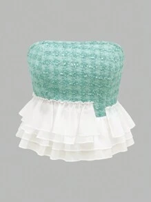 Women's Contrast Color Patchwork Bandeau Simple Fitted Casual Top - Green - View 3