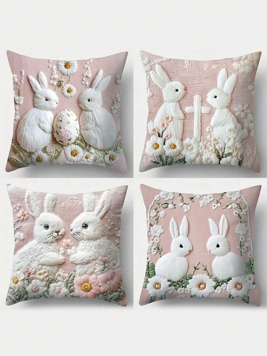 4 件装复活节兔子枕套，17.7 英寸 X 17.7 英寸现代印花涤纶拉链靠垫套，可机洗，编织装饰沙发和卧室配件，无枕芯家居装饰 - 彩色 - 查看 1