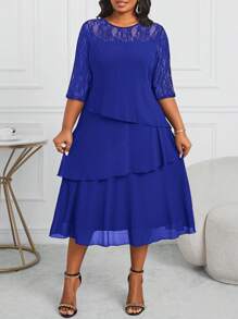 SHEIN Lady Đầm công sở Đầm đi nhà thờ Đầm công sở nữ Đầm midi xếp tầng xẻ tà tay khoét sâu màu xanh lam Đầm giáo viên Đầm giáo viên Đầm mùa thu Đầm ren Đầm bốn mùa thanh lịch cho phụ nữ Đầm ren mùa thu - Xanh đậm - Xem 5