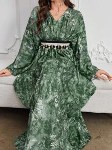 Al Najma 中东女士春夏新款宽松蝙蝠袖印花长裙，休闲长裙 - 綠色 - 查看 6