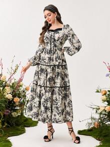 Modelyn Rochie de femeie cu mochiuri în talie cu papillon - Alb-negru - Vizualizare 6