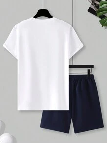 Manfinity RSRT 2pcs/Set Men Slogan & Palm Tree Print Round Neck Short Sleeve Casual T-Shirt And Drawstring Waist Shorts - Multicolor - View 2