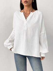 SHEIN Unity Lässiges, weites Hemd mit Laternenärmeln, minimalistischer Stil für den Herbst - Weiss - Übersicht 1
