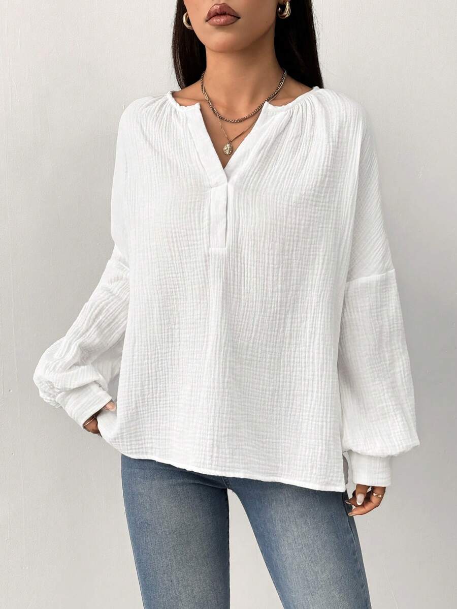 SHEIN Unity Lässiges, weites Hemd mit Laternenärmeln, minimalistischer Stil für den Herbst - Weiss - Übersicht 1