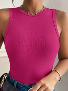 SHEIN VCAY Plus Size Solid Color Round Neck Sleeveless Casual Tank Top - Hot Pink - View 1
