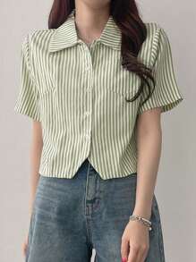 DAZY Women Striped Lapel Short Sleeve Cropped Casual Shirt, Green, Spring/Summer Cute Tops Easter - Green - View 4
