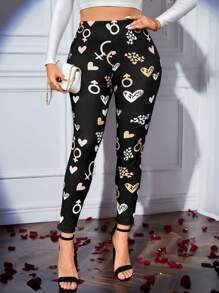 Inoviana Plus Size Women Heart Print Casual Leggings, Valentine's Day - Black - View 3