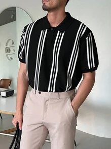 DAZY Áo thun Polo tay ngắn kẻ sọc đen trắng dành cho nam, áo len mùa hè - màu đen - Xem 8