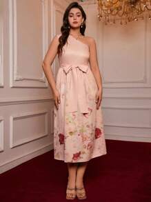 SHEIN VCAY Plus Size Vacation Romantic Sexy Asymmetrical Shoulder Big Bow Vintage Placement Print Long Dress.Valentine, Casual Picnic Party,Monet Garden - Pink - View 4