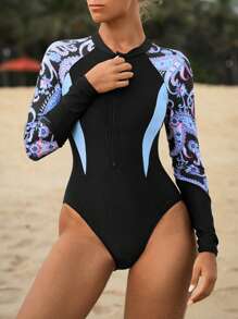 Swim SPRTY 1pc Women's Paisley Print Front Zipper Long Sleeve Slim Fit One-Piece Swimsuit, For Summer Beach Vacation
