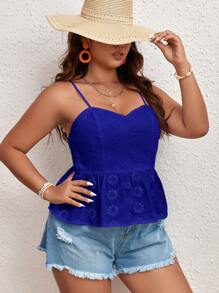 SHEIN VCAY Plus Size Boho Vacation Casual Solid Color Eyelet Embroidery Cami Top, For Summer - Royal Blue - View 2