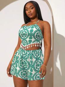 SHEIN SXY 大码 2 件套 无袖 全身印花 流苏下摆 休闲上衣和短裤