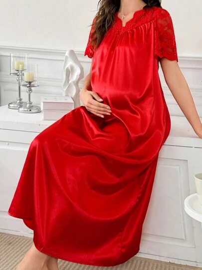 Moonlight&Mama 优雅蕾丝设计柔软亲肤仿丝孕妇睡裙