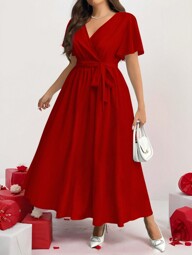 Firerie Casual Vintage Floral Print Loose Plus Size Red Dress, Suitable For Autumn/Winter Suitable For Going Out Chic Dress New Year