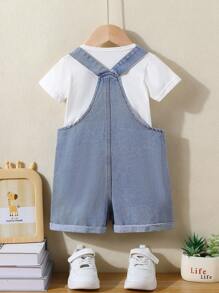 Young Boys' Denim Bib Overalls, Comfortable Washed Jeans Dungarees, Pockets & Frayed Hem Details, Casual Fashion Street Style Denim Bib Pants - Medium Wash - View 2