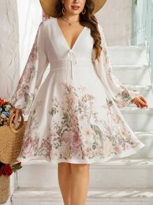 SHEIN Clasi Plus Size Women Floral Print V-Neck Lantern Sleeve Cooling Dress, Elegant Fashion Long Gown For Vacation, Early Spring, Stress Relief Outfit