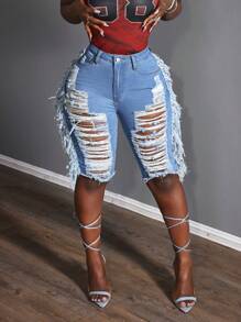 Slaydiva Women's Pockets Distressed Denim Shorts