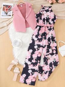 SHEIN Leap Crew Teen Girls Floral Print Cami Jumpsuit With Sleeveless Short Jacket, Elegant Outfit For Vacation And Commuting, Spring/Summer
