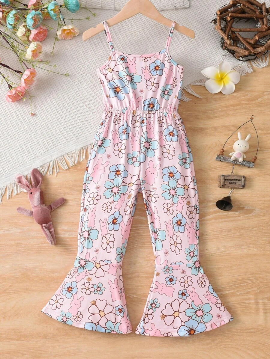 Young Girl' Cute Easter Bunny Print Camisole Jumpsuit, Flare Leg Skinny Pants, Suitable For Holidays, Daily, Casual Wear - Pink - View 1