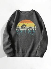 INAWLY 女式野生动物和树木户外复古森林图案印花长袖圆领运动衫，宽松休闲秋冬运动套头衫秋装，女士春秋休闲长袖圆领宽松常规深灰色常规袖套头衫女式连帽衫，长袖上衣 - 深灰色 - 查看 3