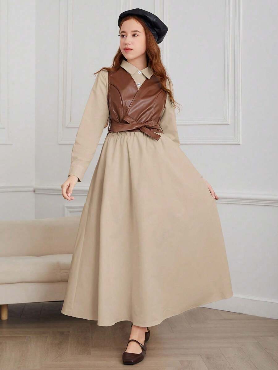 2 件套复古风格休闲装，适合少女 - 棕色领带领无袖夹克背心和长袖收腰连衣裙 - 彩色 - 查看 1