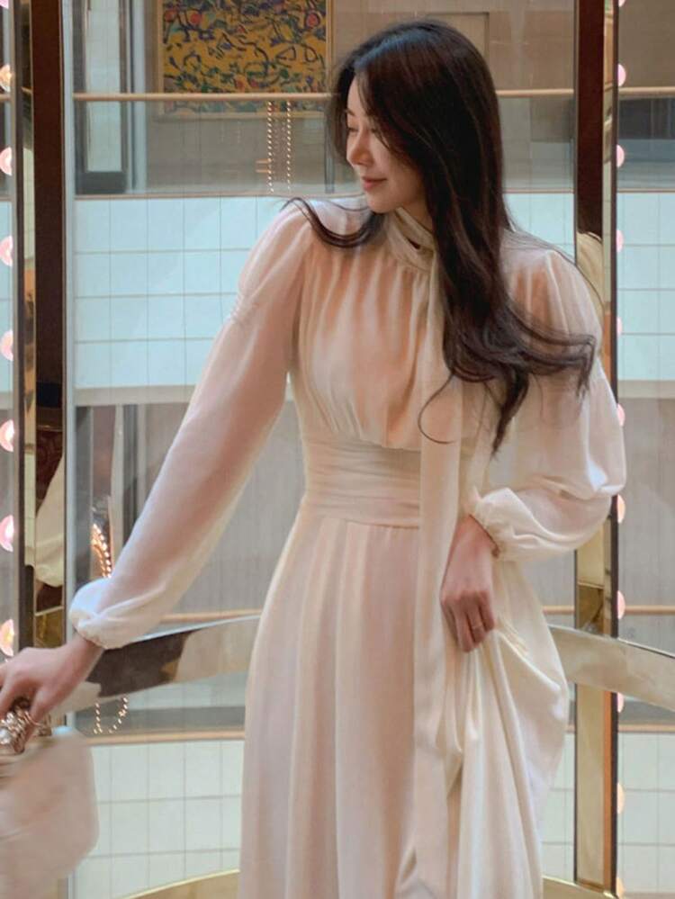 Women's Solid Color Chiffon Cinched Waist Mid-Length Dress, Spring/Summer/Autumn Long Sleeve Dress Maxi Dress